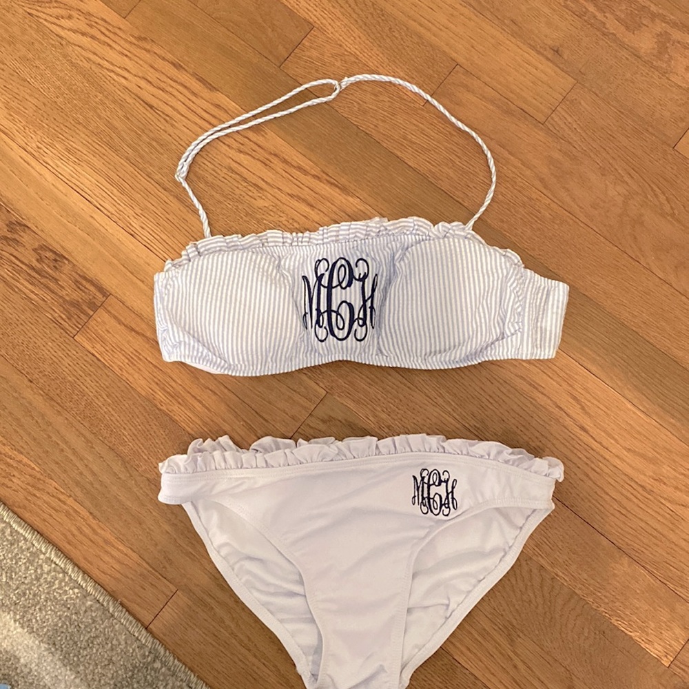 Blue/White seersucker 2-piece bandeau style swimsuit; monogram MCH; size Medium